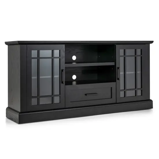 TV Stand for TVs up to 70 with Glass Doors Cubbies and Drawer-Black {1}