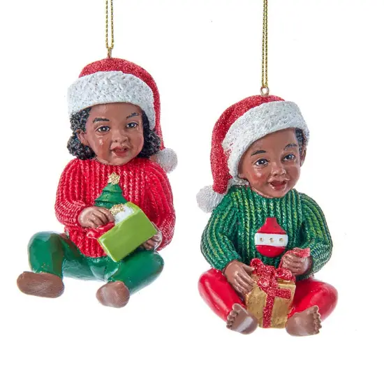 3.25" African American Boy and Girl in Christmas Outfits &ndash; Set of 2 Assorted Ornaments {1}