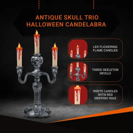 Skeleteen Haunted Halloween Candelabra Prop - LED Light up Skull Indoor Spooky Candelabra Candlesticks Holder Home Decoration for Halloween {5}