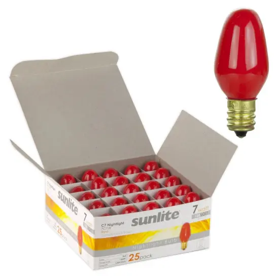 25Pk - SUNLITE 7w C7 Ceramic Red 120v E12 Candelabra Base Bulb {1}