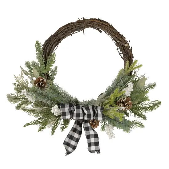Northlight Plaid Bow and Winter Foliage Artificial Christmas Twig Wreath - 23-inch, Unlit Brown {1}