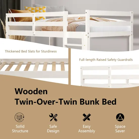 Children's Wooden Slat Design Twin Bunk Bed with Headboard and Footboard White {5}