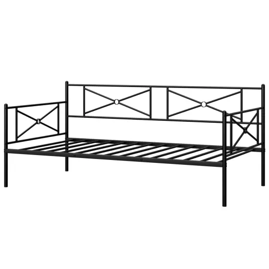 Metal Daybed Twin Bed Frame Stable Steel Slats Sofa Bed Black {1}