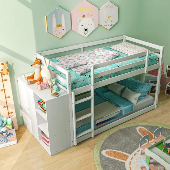 Twin Size Bunk Bed with Convertible Bookcase and Ladder-White {2}
