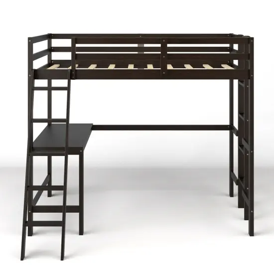 Twin Size Pine Wood Loft Bed with Desk, Guardrail, Dual Ladders Espresso {1}