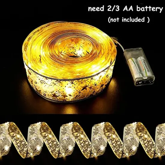 32ft (2x16ft) 100 LEDChristmas Tree Decorations Gold String Lights, Copper Wire Ribbon Bows Lights for Holiday Christmas Party Indoor Decorations (Gold Warm Light Battery Powered) {5}