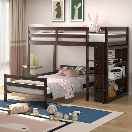 Twin Over Twin Loft Bunk Bed with Bookcase Dark Brown {2}