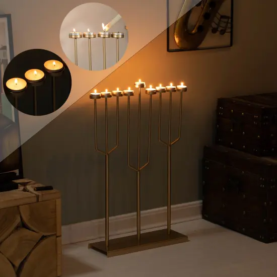 Modern Design Hanukkah Menorah Exceptional presentational piece, 9 Branch Tea Light Candle Holders Gold {4}