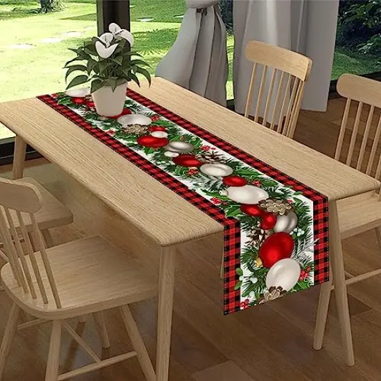 72 Inches Linen Red and Black Buffalo Check Plaid Christmas Table RunnerLong Seasonal Winter Christmas Xmas Holiday Farmhouse Style Table Decoration {5}