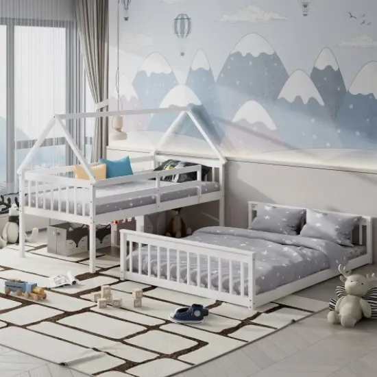 Twin Over Full House Bunk Bed with Ladder and Guardrails-White {2}