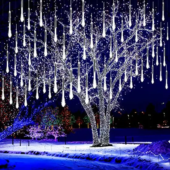 Kwaiffeo Christmas Lights Outdoor, Meteor Shower Lights Falling Rain Lights 12 inch 8 Tube 192 LED Snow Falling Icicle Cascading Lights for Xmas Tree Halloween Decoration Wedding Party, UL Plug, White {1}