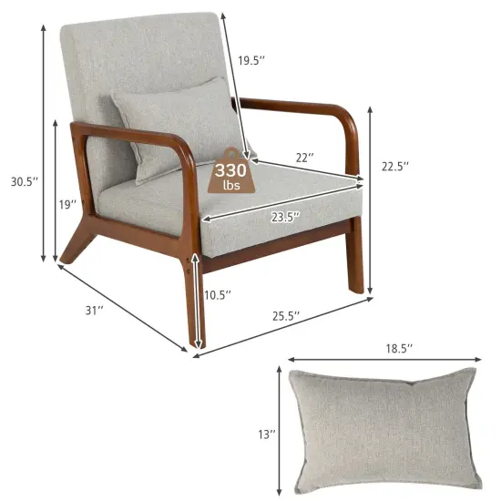 Modern Accent Chair with Rubber Wood Frame and Lumbar Pillow Gray {3}