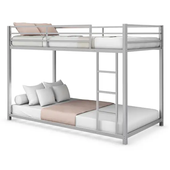 Steel Twin Bunk Bed with Ladder and Guardrails Silver {4}