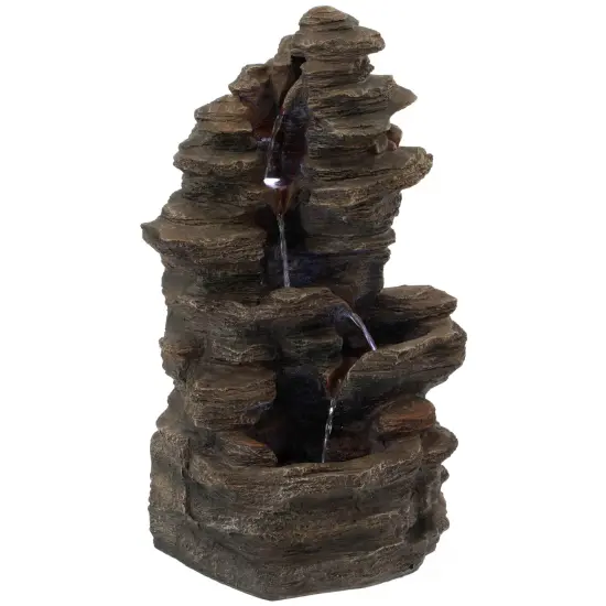 Cascading Electric Powered 4-Tier Rock Water Fountain 24" with LED Lights for Indoor and Outdoor Use {1}