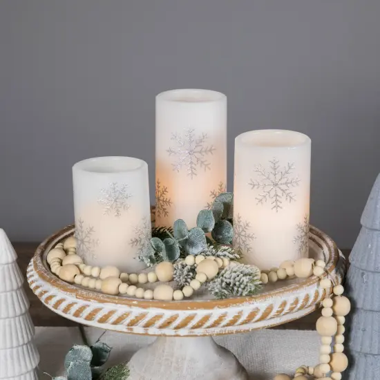 Northlight LED Flameless Flickering Wax Pillar Snowflake Christmas Candles - 6" - Set of 3 White {4}