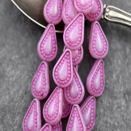 *10* 14x10mm Dark Pink Washed Pink Opaline Filigree Tear Drop Beads {4}