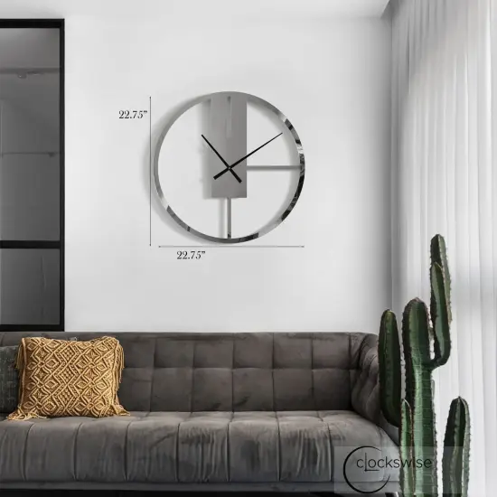 Modern Round Big Wall Clock with Mirror Face, Decorative Silver Metal 22.75&rdquo; Oversize Timepiece for Entryway Office Living Room Bedroom or Kitchen, Hanging Supplies Included, Unique Elegant Home Decor {2}