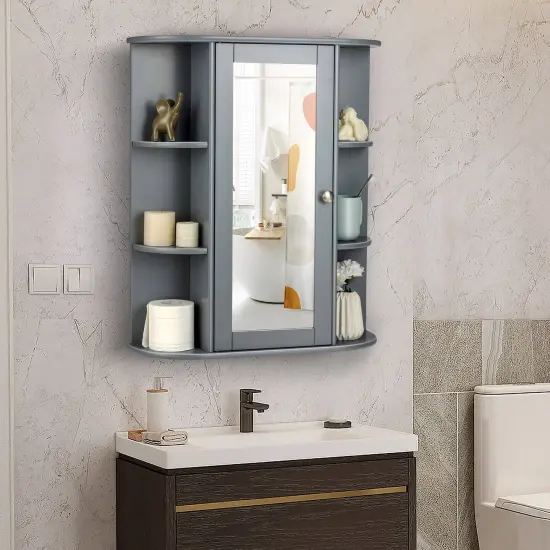 Bathroom Single Door Shelves Wall Mount Cabinet with Mirror Grey {3}