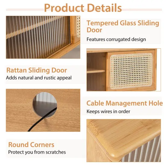 Modern TV Stand with Rattan Glass Sliding Doors-Natural {5}