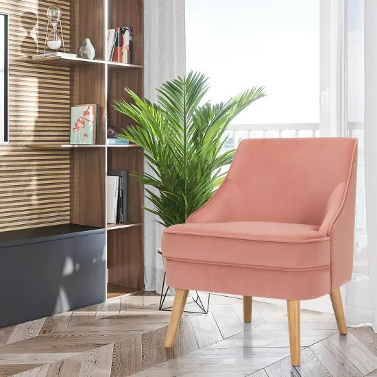 Soft and Comfortable Velvet Upholstered Accent Chair with Ergonomic Curved Backrest and Wooden Legs Pink {2}