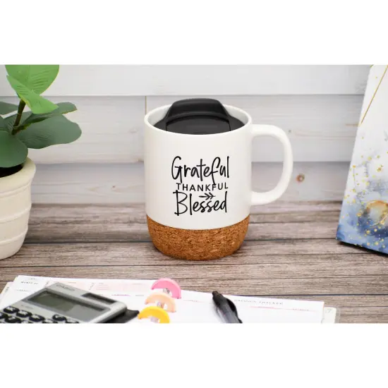 Dexsa Grateful Thankful Blessed Designer Cork Bottom Mug with Lid - 14 oz {2}