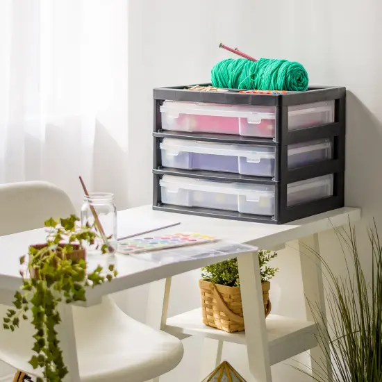 IRIS USA 12" x 12" 3 Drawers Scrapbook Plastic Storage Unit with Organizer Top, Black {4}