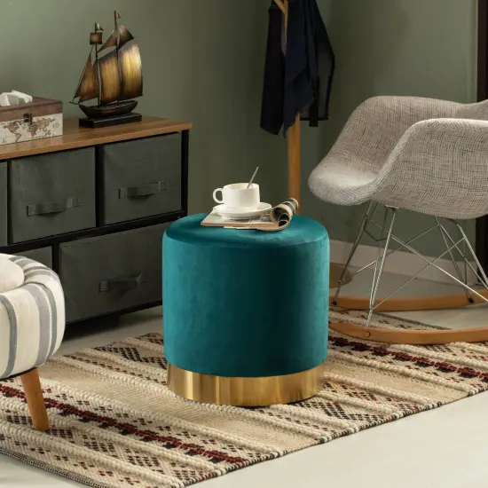 Modern Round Velvet Fabric Standard Ottoman Stool with Gold Base Green {1}