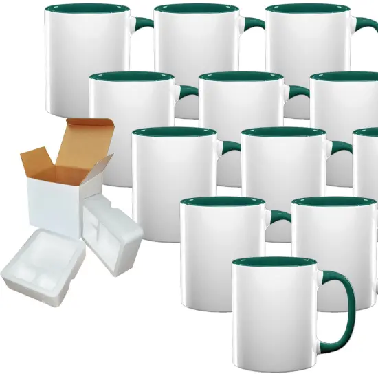 Hunter Green Sublimation Mugs - 12 Pack (11oz) | Hurter Green Interior And Handle | Individually Packaged | Foam Support Boxes {1}