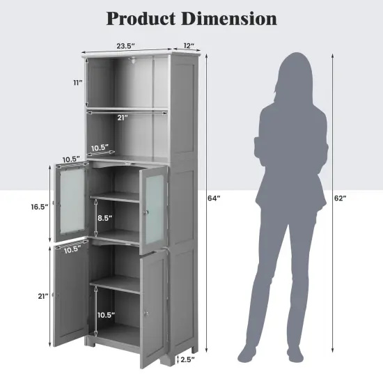 6-Tier Freestanding Bathroom Cabinet with 2 Open Compartments and Adjustable Shelves-Gray {4}