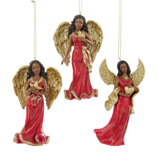 4.75" Red and Gold African American Angel Ornaments &ndash; Set of 3 Assorted Christmas Decorations {1}
