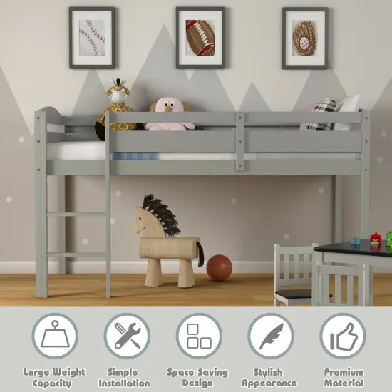 Wooden Twin Low Loft Bunk Bed with Guard Rail and Ladder Grey {3}