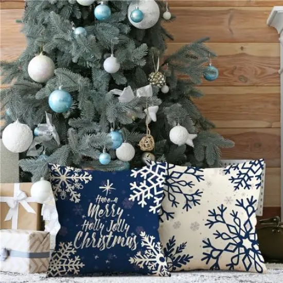 KISVODS Christmas Pillow Covers 18×18 Set of 4 Christmas Decorations Christmas Throw Pillow Covers Holiday Rustic Linen Christmas Pillow Case for Sofa Couch Blue Snowflake Pillow Covers {4}