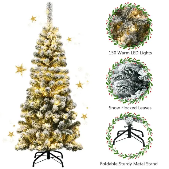 4.5 Feet Pre-Lit Snow Flocked Pencil Christmas Tree with 150 LED Light {5}