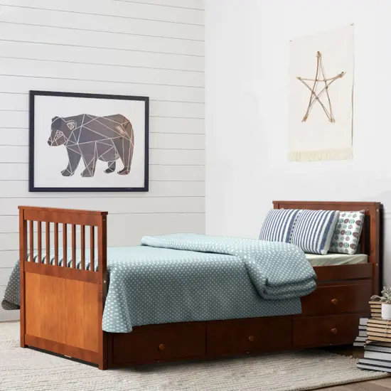 Pine Wood Twin Captain&rsquo;s Bed with Trundle and 3 Storage Drawers Walnut {3}