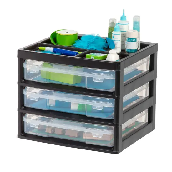 IRIS USA 12" x 12" 3 Drawers Scrapbook Plastic Storage Unit with Organizer Top, Black {1}