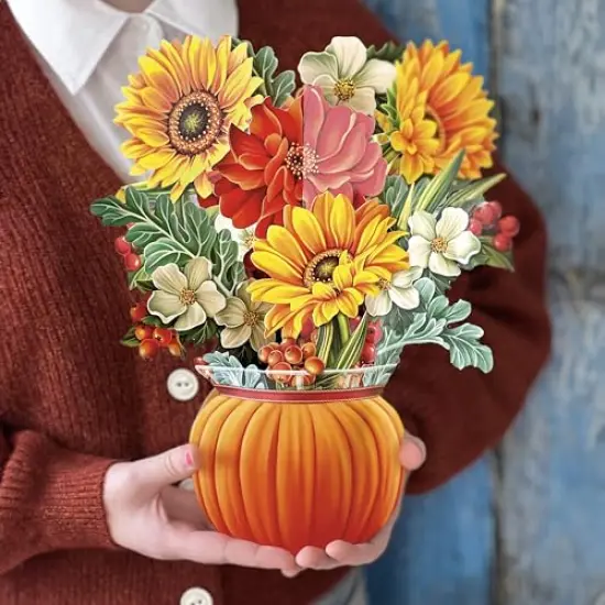 Freshcut Paper Pop Up Cards, Pumpkin Harvest, 12 inch Life Sized Forever Flower Bouquet 3D Popup Thanksgiving, Autumn, Fall Greeting Cards with Note Card and Envelope - Harvest Party Decoration {5}