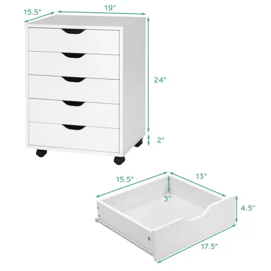 5 Drawer Mobile Lateral Filing Storage Home Office Floor Cabinet with Wheels-White {4}