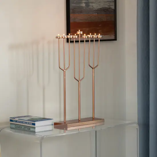 Modern Design Hanukkah Menorah Exceptional presentational piece, 9 Branch Tea Light Candle Holders Rose gold {2}