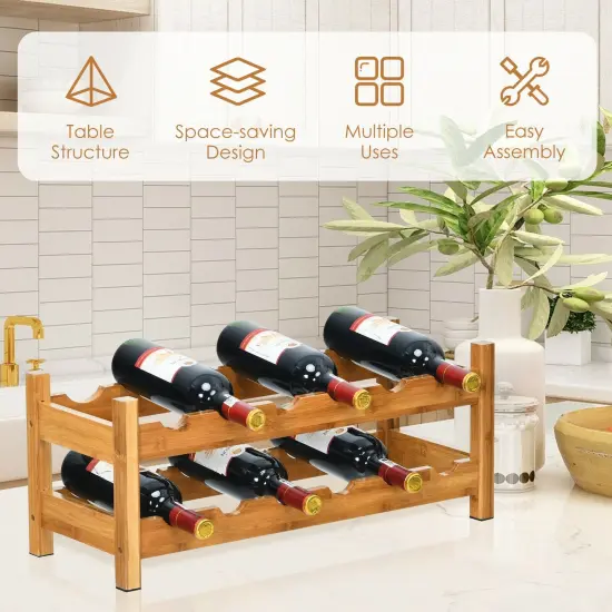 2-Tier 12 Bottles Bamboo Storage Shelf Wine Rack Natural {1}