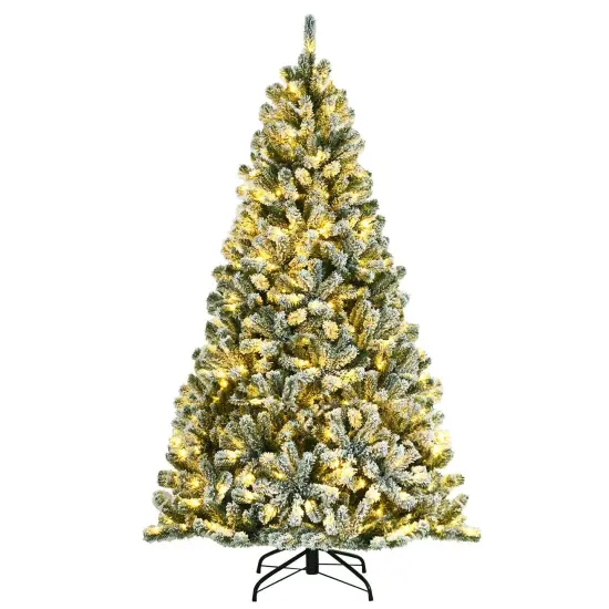 Pre-lit Snow Flocked Hinged Christmas Tree Perfect for Festive Season Decoration {1}