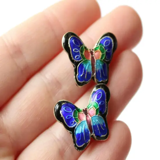 2 23mm Black and Blue Cloisonne Butterfly Beads {4}