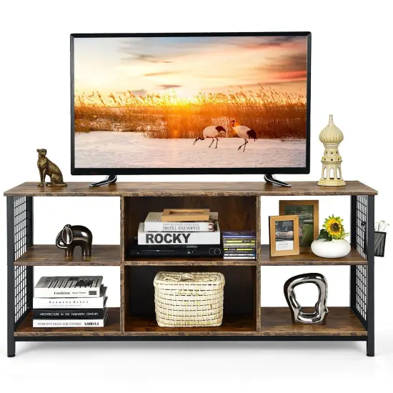 Industrial TV Stand with Storage Basket for TVs up to 65 Inches-Rustic Brown {4}