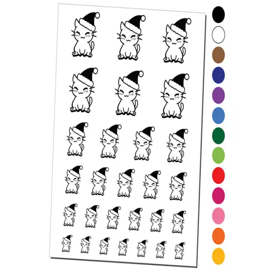 Christmas Sitting Cat Santa Hat Temporary Tattoo Water Resistant Fake Body Art Set Collection Dark Green {1}