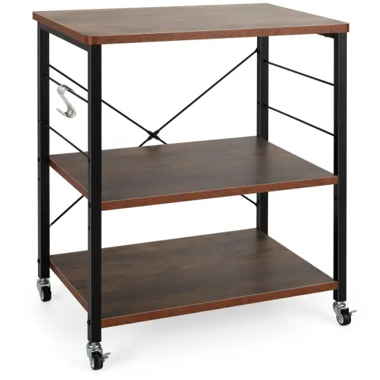 3-Tier Kitchen Baker's Rack Microwave Oven Storage Cart with Hooks Rustic Brown {1}