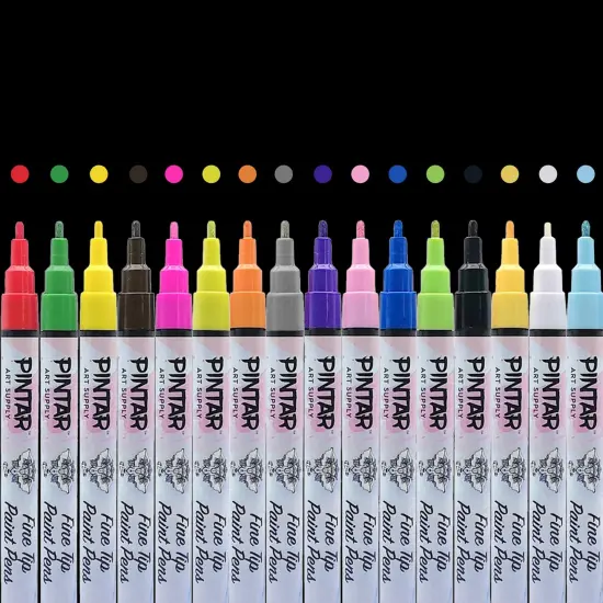 PINTAR Premium Acrylic Paint Pens - 1mm Fine Tip Pens For Rock Painting, Ceramic Glass, Wood, Paper, Fabric & Porcelain, Water Resistant Paint Set, Surface Pen, Craft Supplies, DIY Project (16 colors) {1}