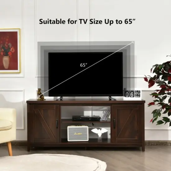 59 Inches TV Media Console Table with 2 Storage Cabinet and Adjustable Removable Shelf Brown {3}