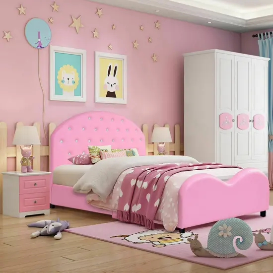 Kids Children PU Upholstered Platform Wooden Princess Bed {3}