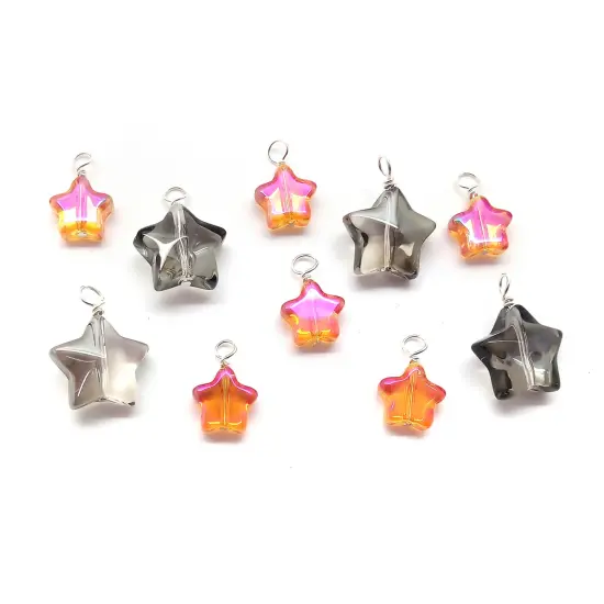 Glass Star Bead Dangle Mix, 10 pieces, Gray & Orange-Red Charms for Halloween, Adorabilities {1}