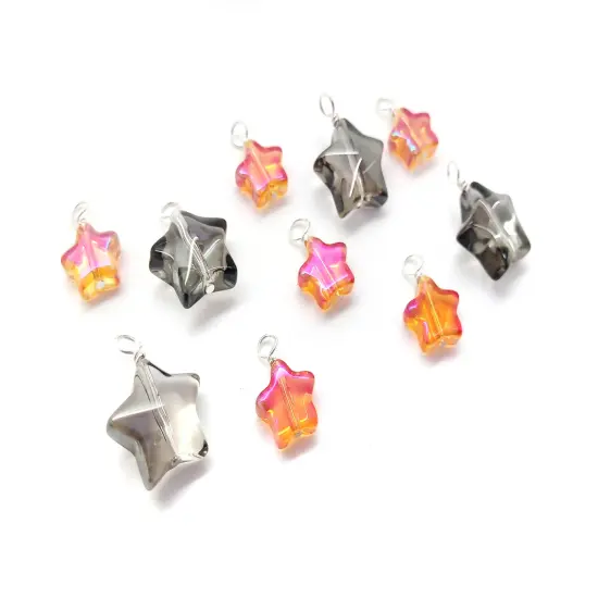 Glass Star Bead Dangle Mix, 10 pieces, Gray & Orange-Red Charms for Halloween, Adorabilities {3}