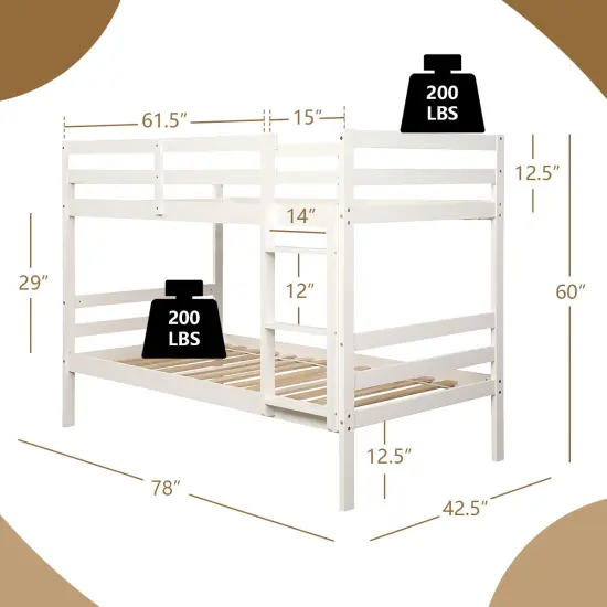 Children's Wooden Slat Design Twin Bunk Bed with Headboard and Footboard White {4}